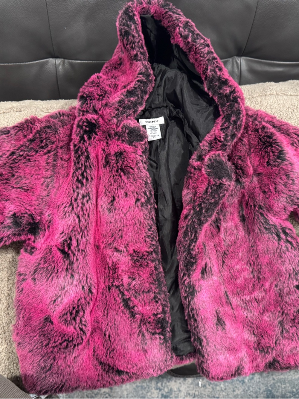 DKNY Pink & Black Faux Fur Hooded Jacket 3T